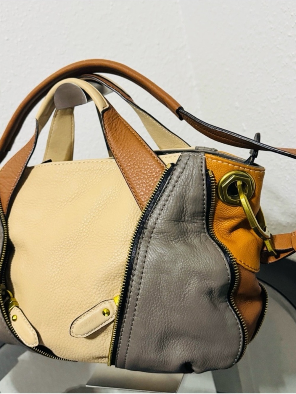orYANY Multi-Color Leather Shoulder Bag - Cream, Gray & Tan